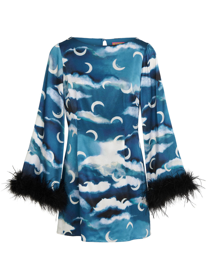 Celina Blue Cloud Print Feather Mini Dress