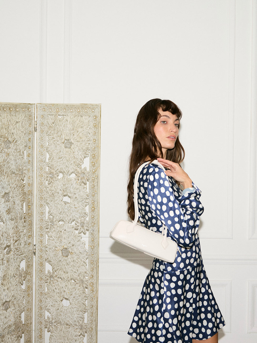 Stefania Navy Polka Dot Satin Mini Dress